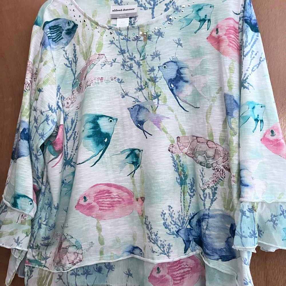 Alfred Dunner Aquatic Print Blouse - Blue and Pink